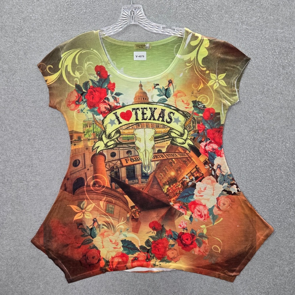 VINTAGE Sweet Gisele‎ Women Top 3X Brown Blouse I Love Texas Rhinestones Y2K USA